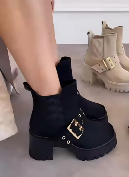 Women's high-heeled boots with side buckles