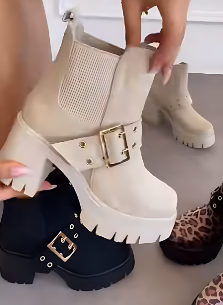 Women's high-heeled boots with side buckles