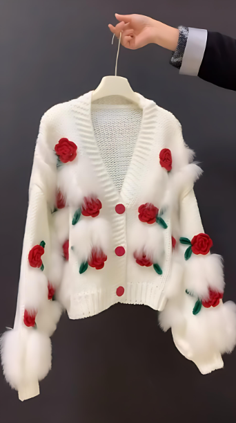 3D floral plush knit sweater
