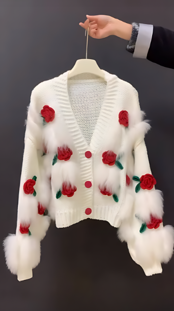3D floral plush knit sweater