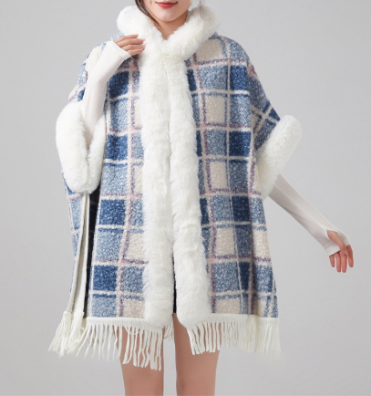 Faux rabbit fur hooded cape coat