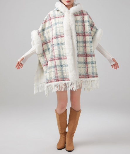 Faux rabbit fur hooded cape coat