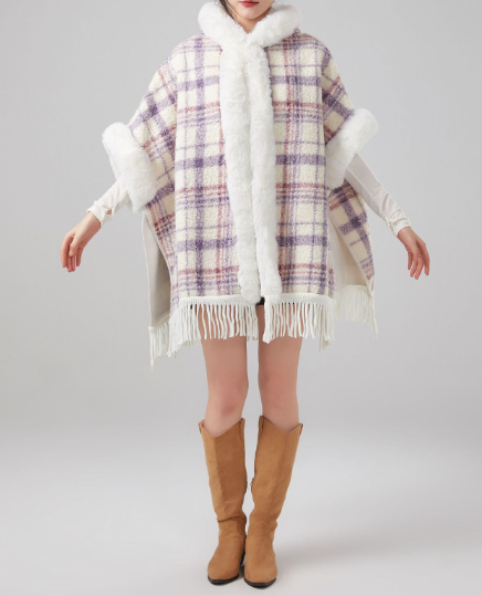 Faux rabbit fur hooded cape coat