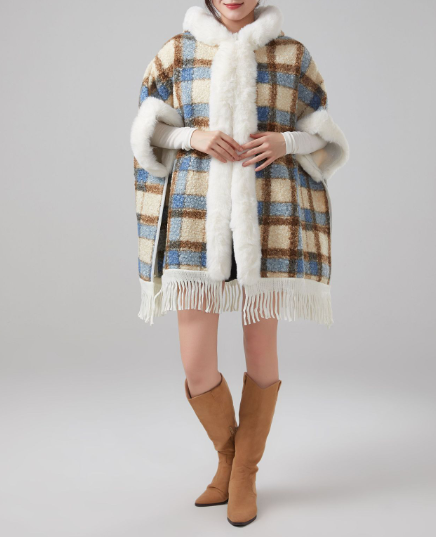 Faux rabbit fur hooded cape coat
