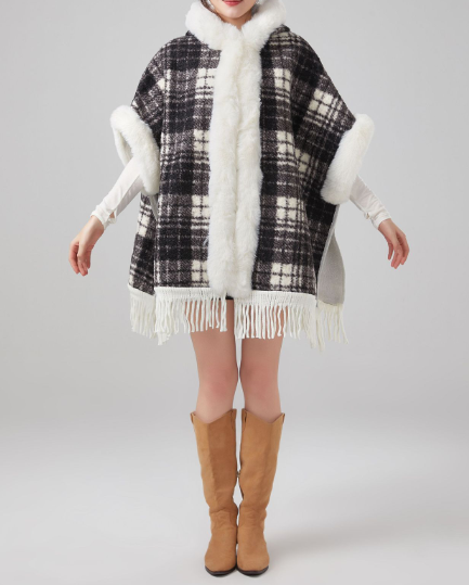 Faux rabbit fur hooded cape coat