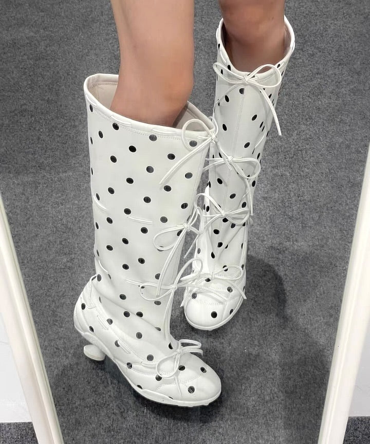 Polka dot bow low-heeled boots