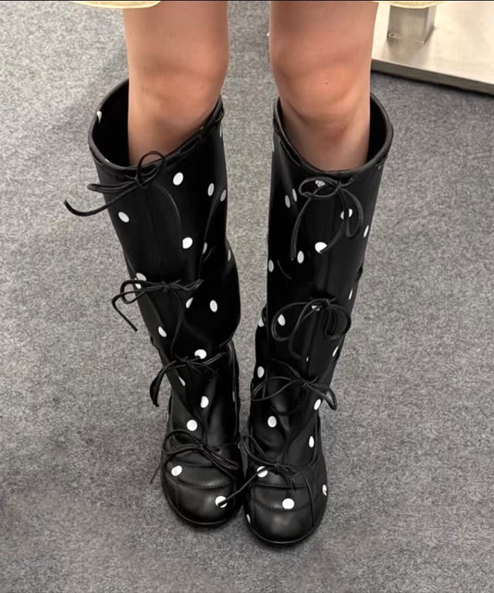 Polka dot bow low-heeled boots