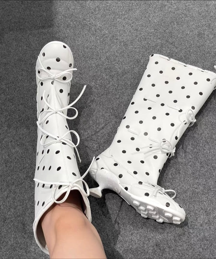 Polka dot bow low-heeled boots