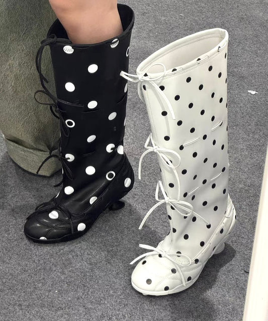 Polka dot bow low-heeled boots
