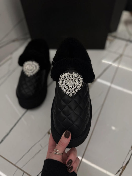 Black rhinestone fleece-lined warm shoes