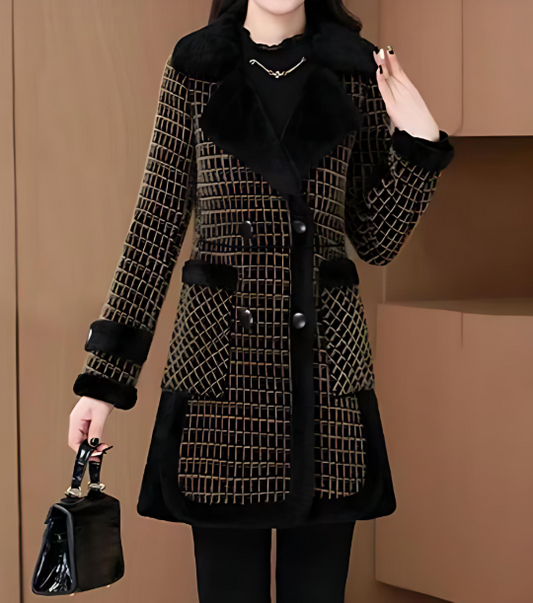 Women's plaid woolen coat with fleece lining