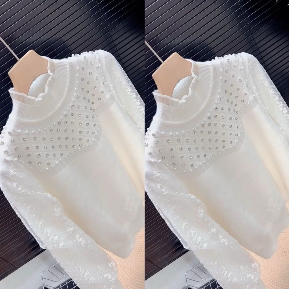 Rhinestone and pearl knit long-sleeved top