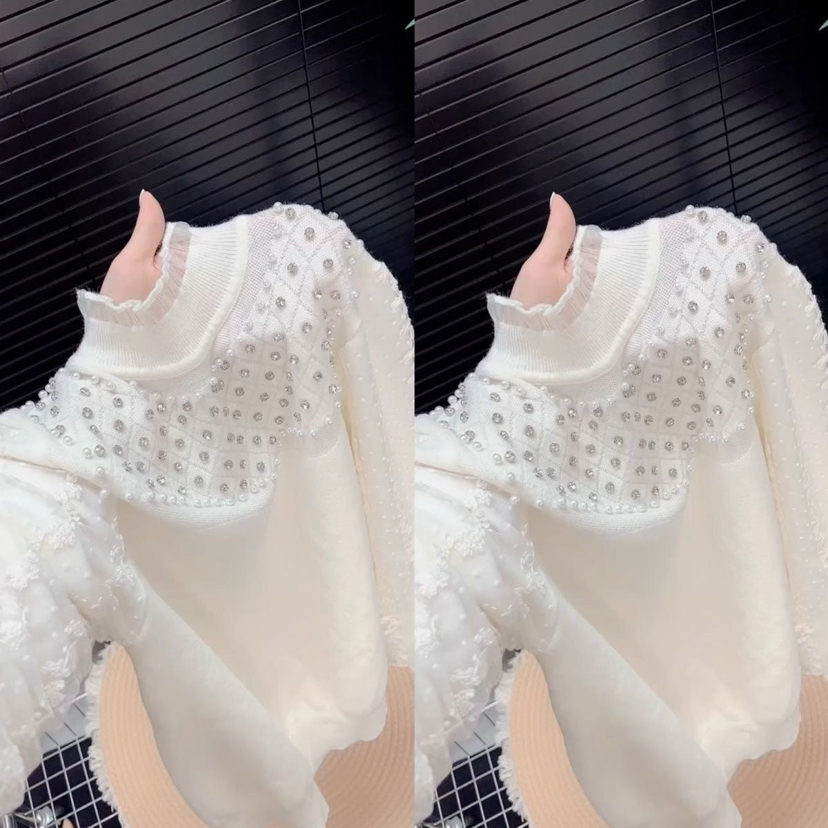 Rhinestone and pearl knit long-sleeved top