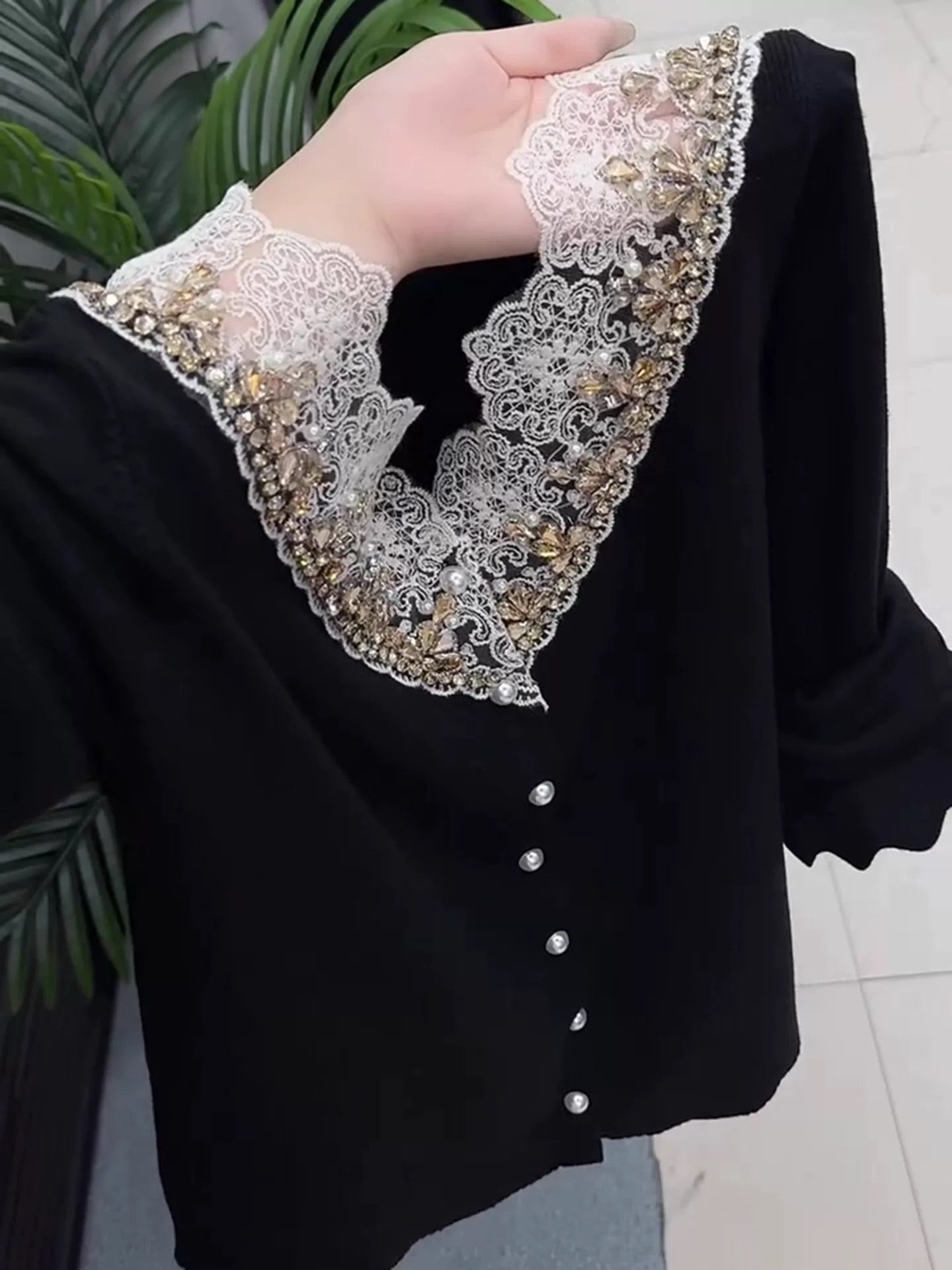 Black lace beaded knit long-sleeved top