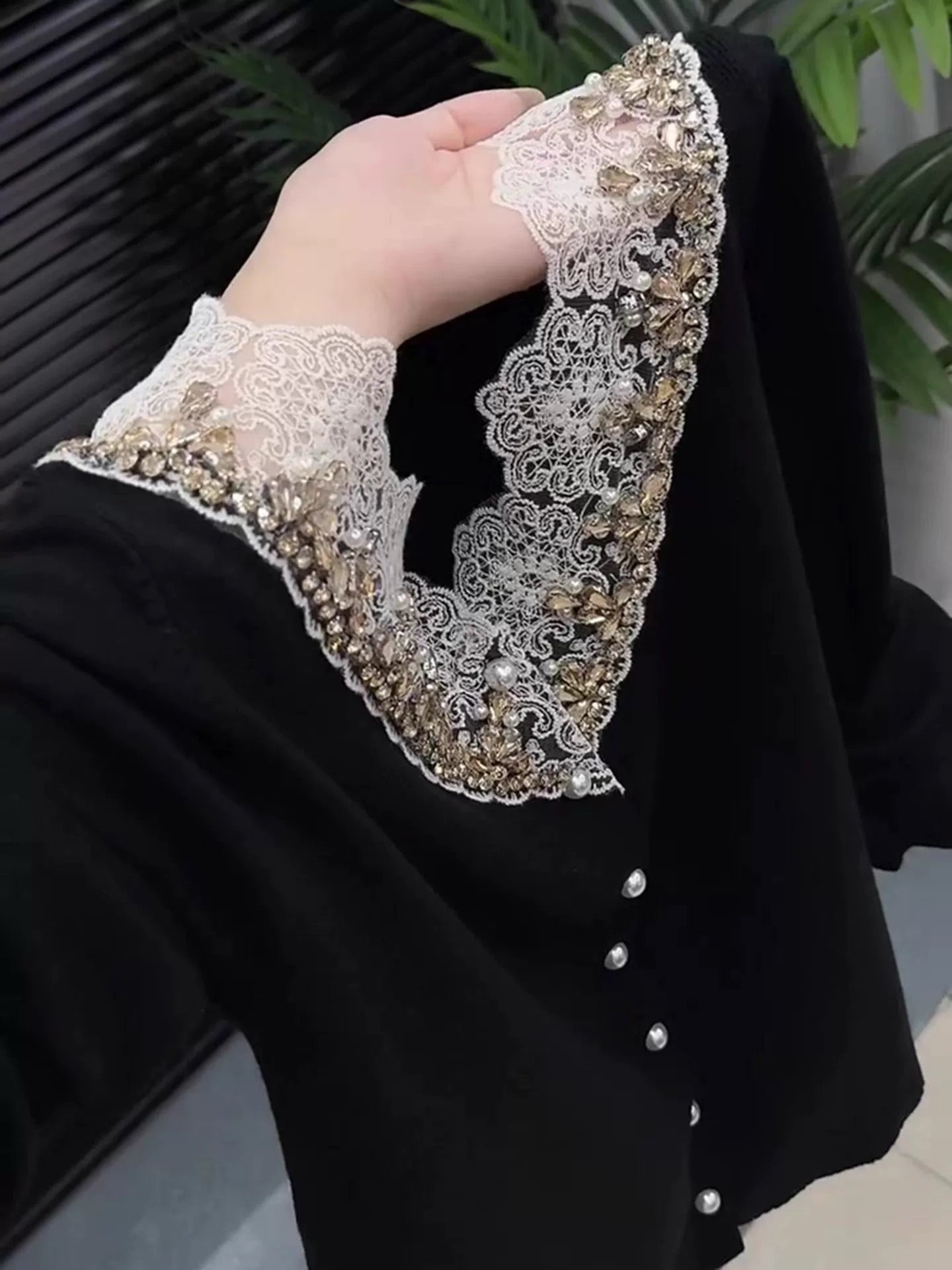 Black lace beaded knit long-sleeved top