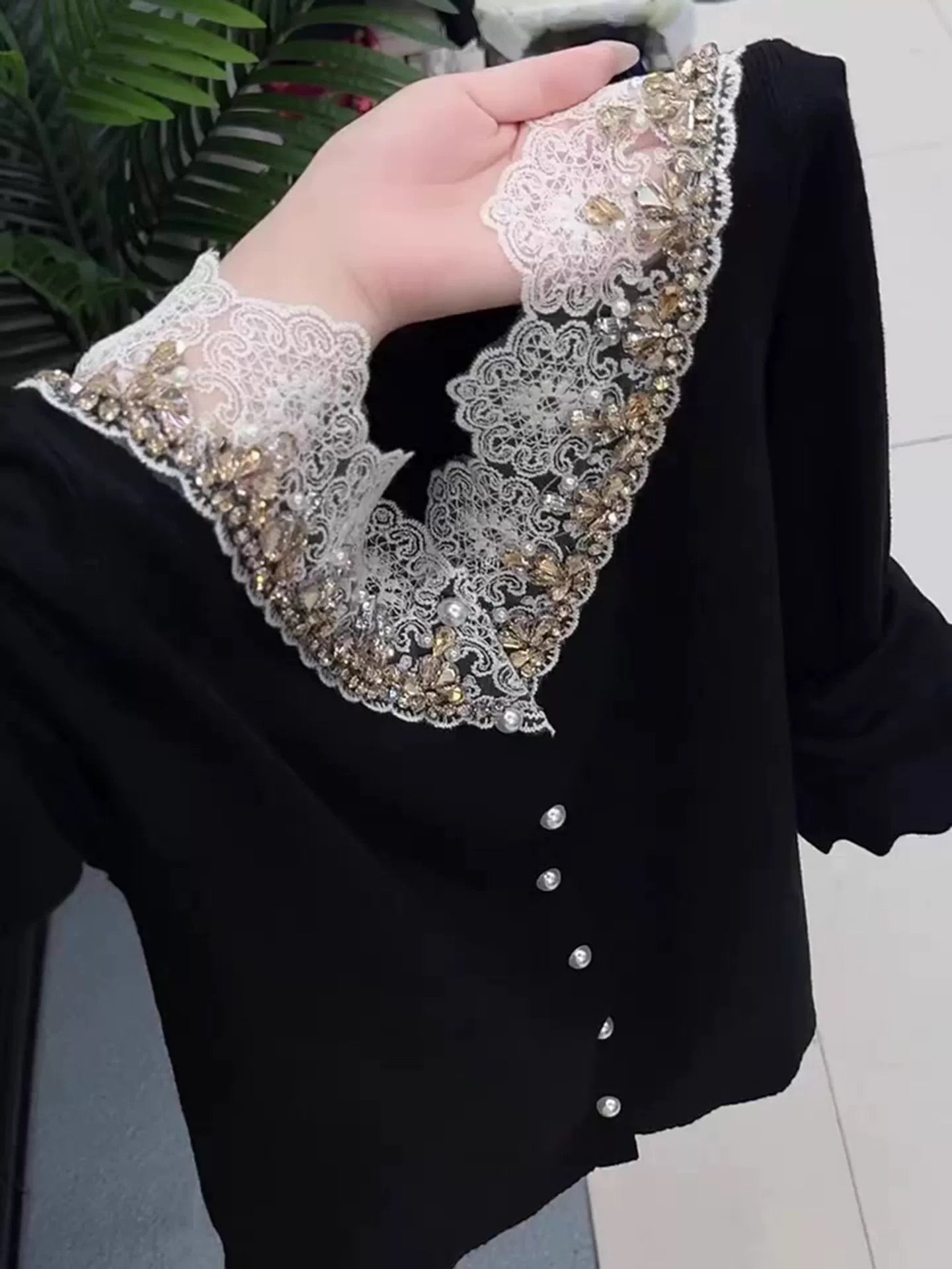 Black lace beaded knit long-sleeved top