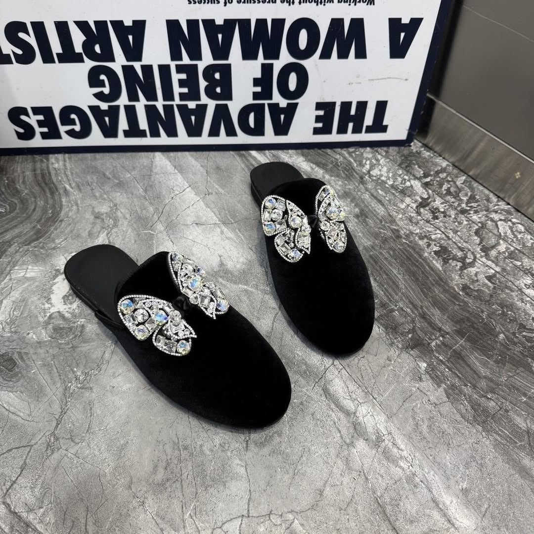 Butterfly Rhinestone Suede Slippers