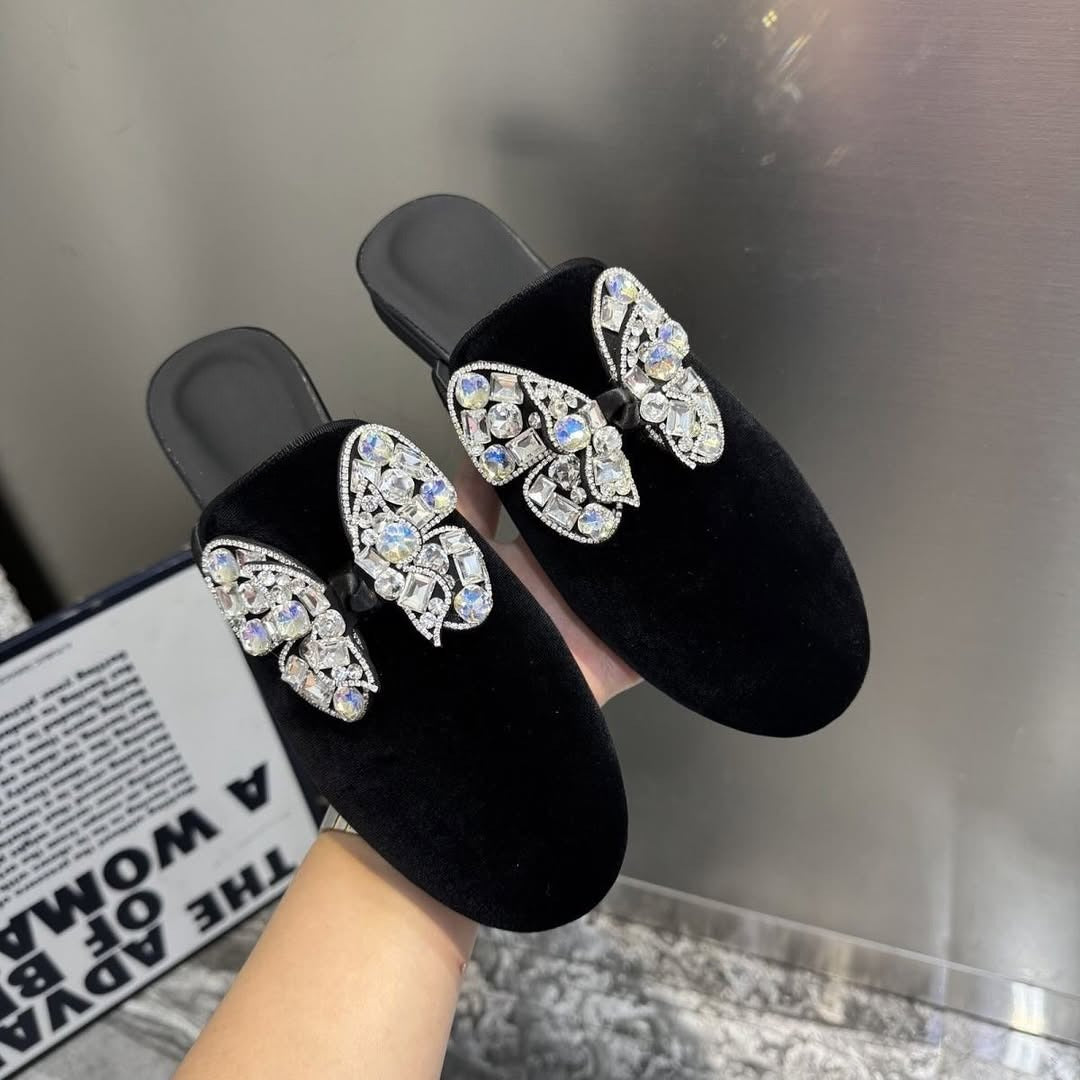 Butterfly Rhinestone Suede Slippers
