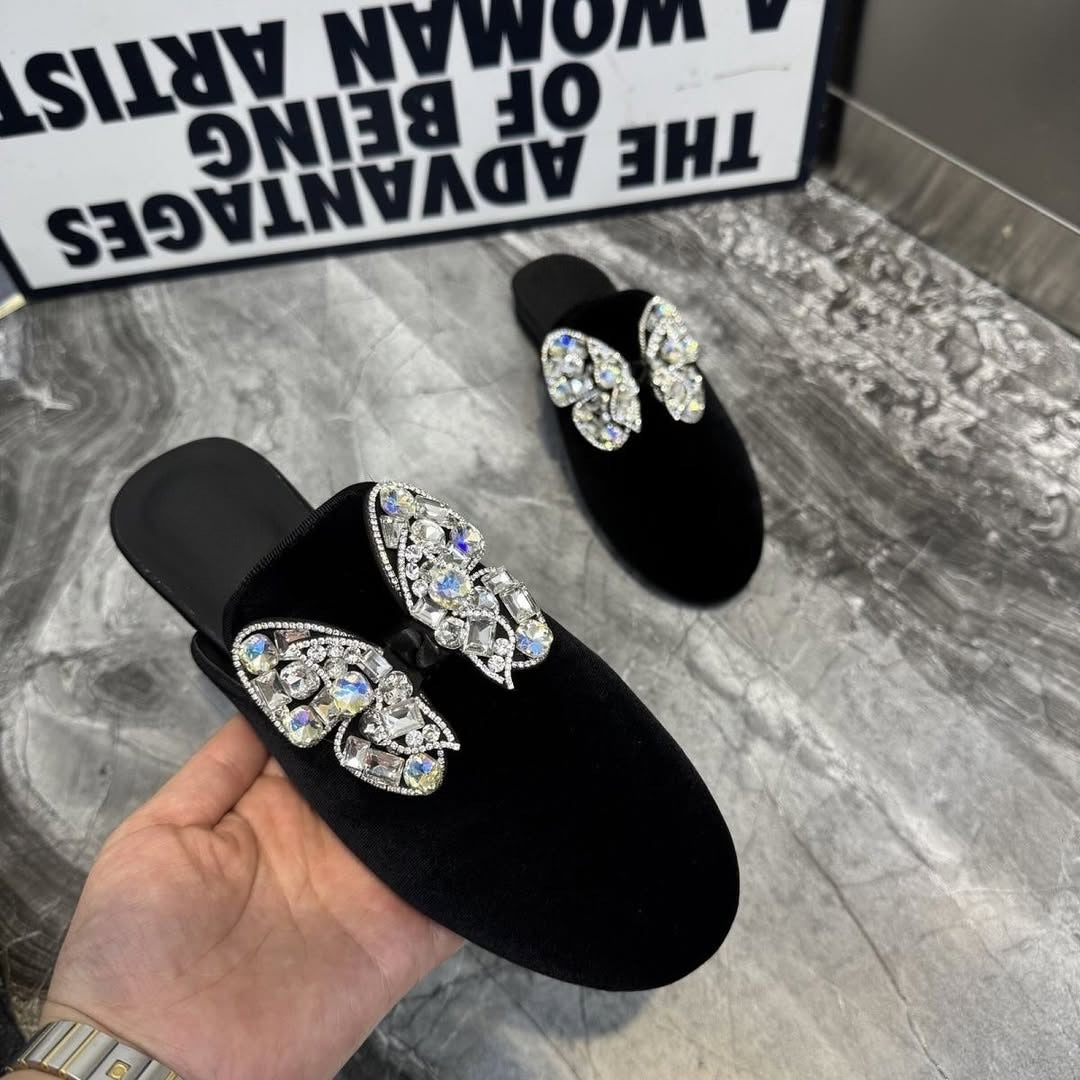 Butterfly Rhinestone Suede Slippers