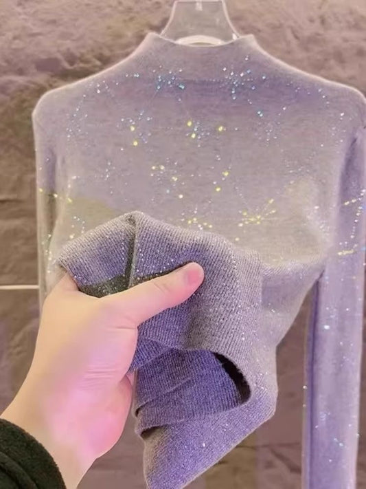 Rhinestone Comfortable Long-Sleeve Knit Top