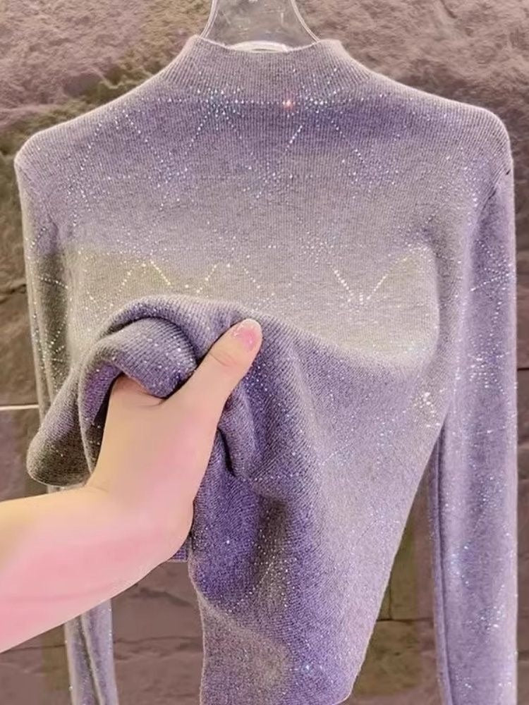 Rhinestone Comfortable Long-Sleeve Knit Top