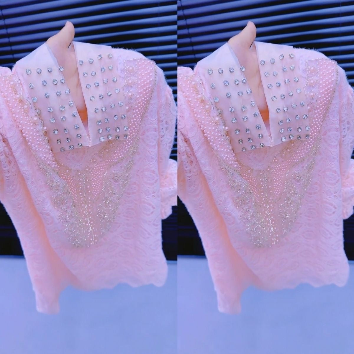 Rhinestone and pearl knit long-sleeved top