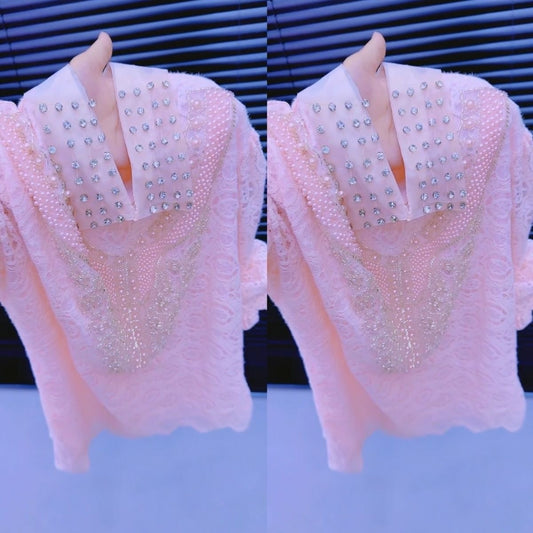 Rhinestone and pearl knit long-sleeved top