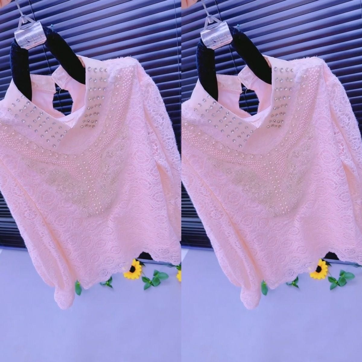 Rhinestone and pearl knit long-sleeved top