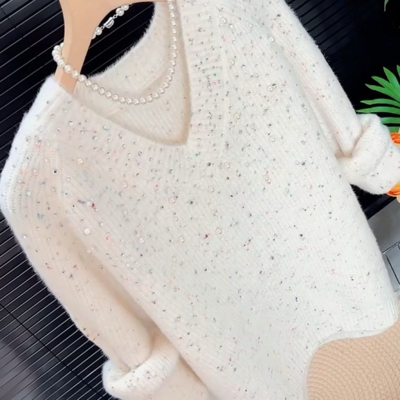 Beaded and Rhinestone Comfortable Knit Sweater