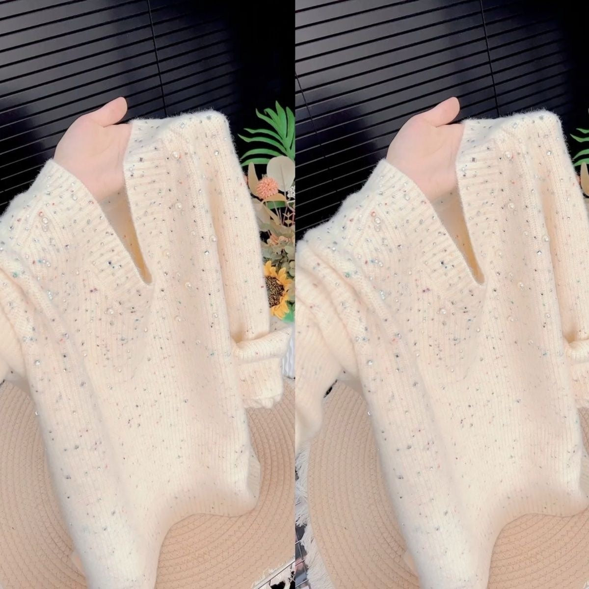 Beaded and Rhinestone Comfortable Knit Sweater