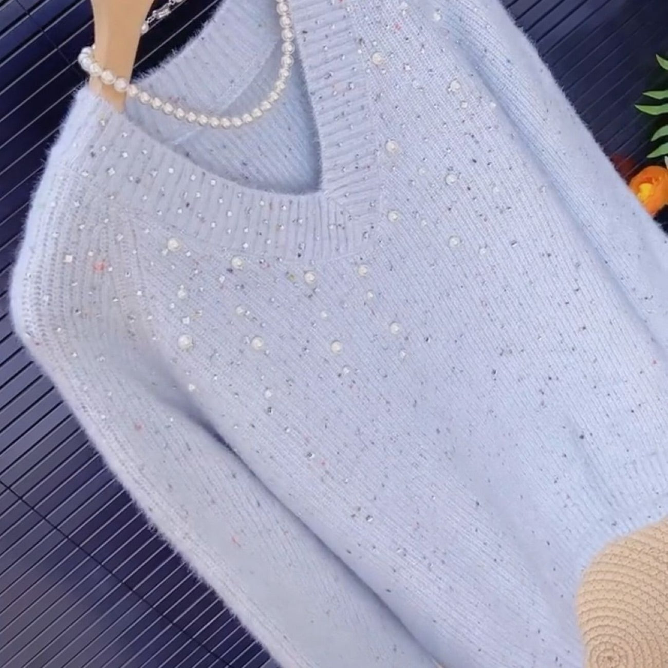 Beaded and Rhinestone Comfortable Knit Sweater