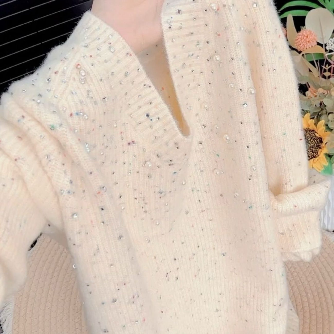 Beaded and Rhinestone Comfortable Knit Sweater