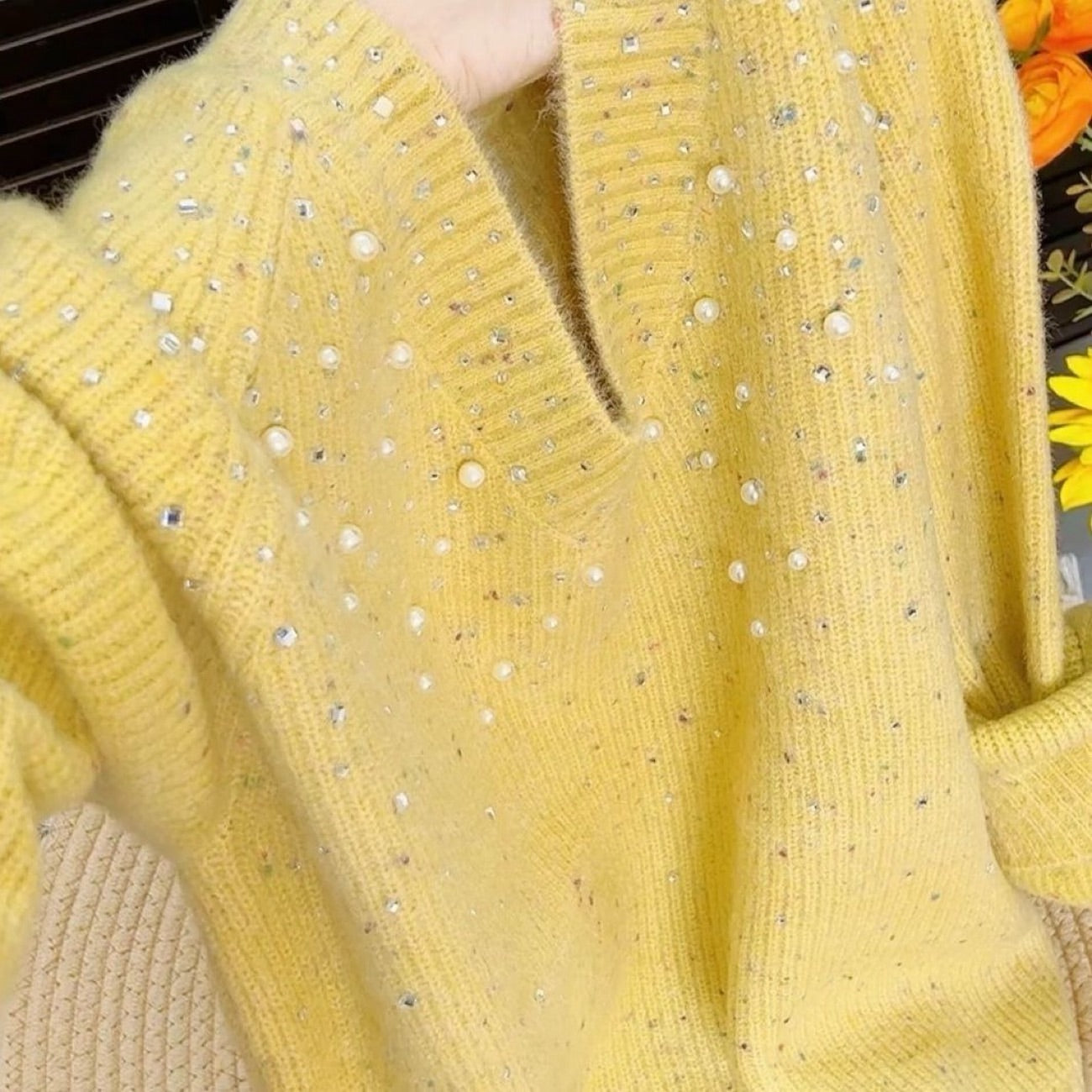 Beaded and Rhinestone Comfortable Knit Sweater