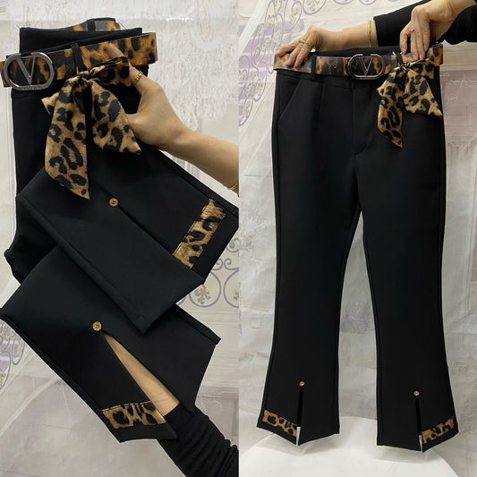 Leopard print stretch casual flared pants