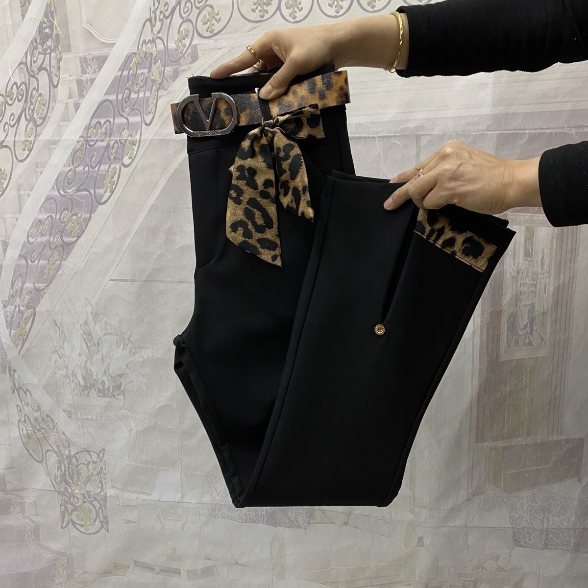 Leopard print stretch casual flared pants