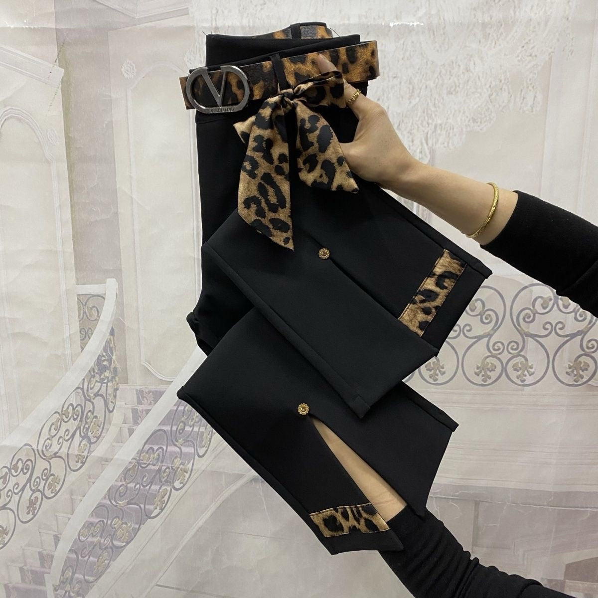 Leopard print stretch casual flared pants