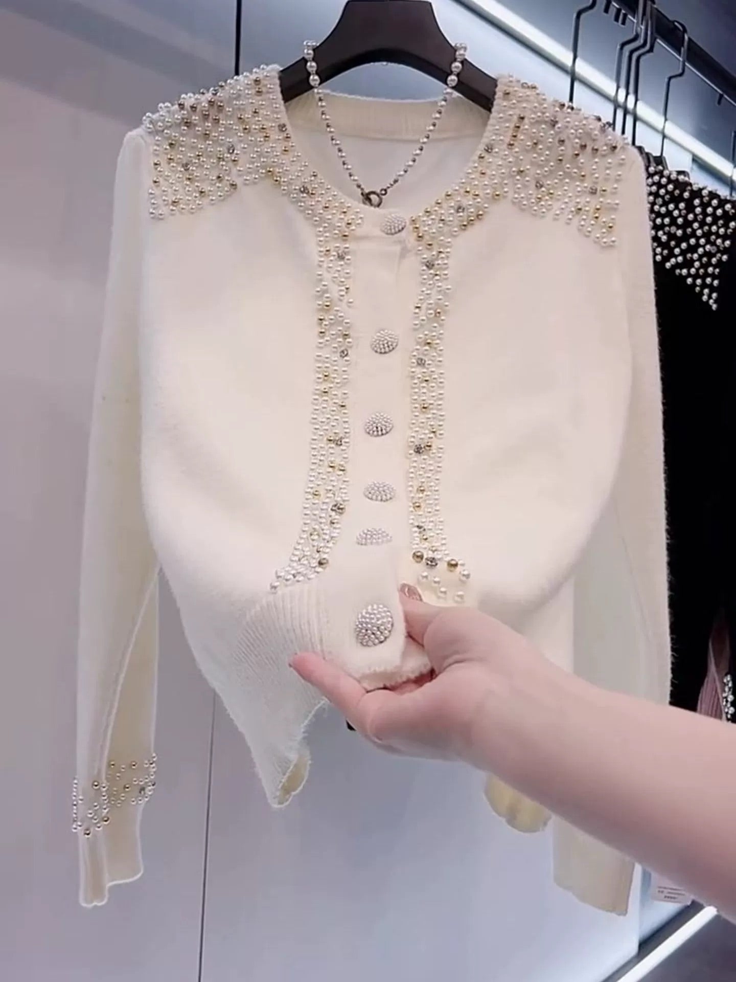 Pearl round neck button cardigan sweater