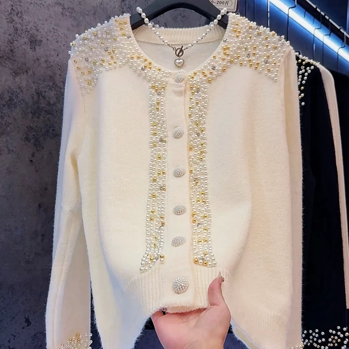 Pearl round neck button cardigan sweater