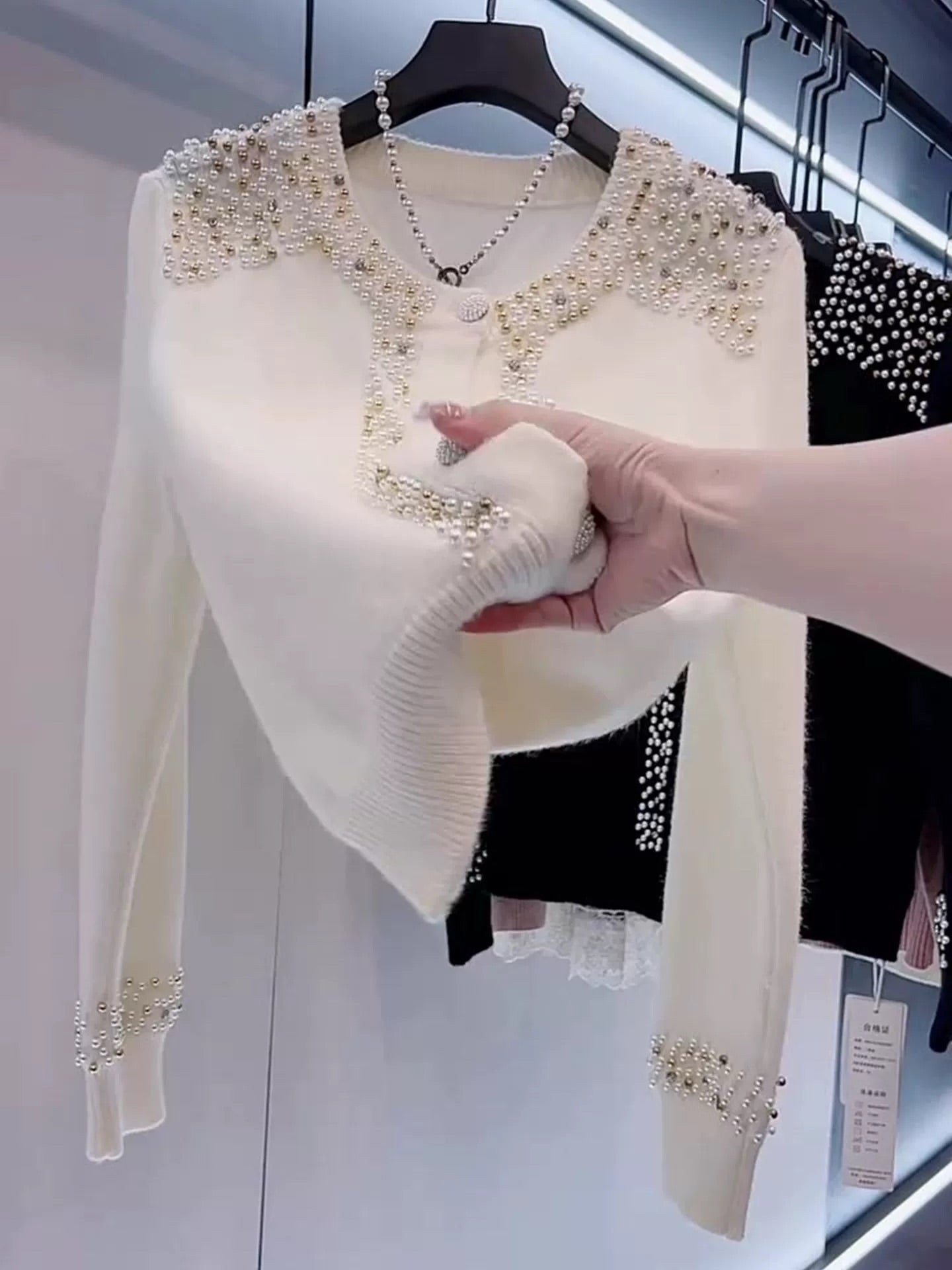 Pearl round neck button cardigan sweater