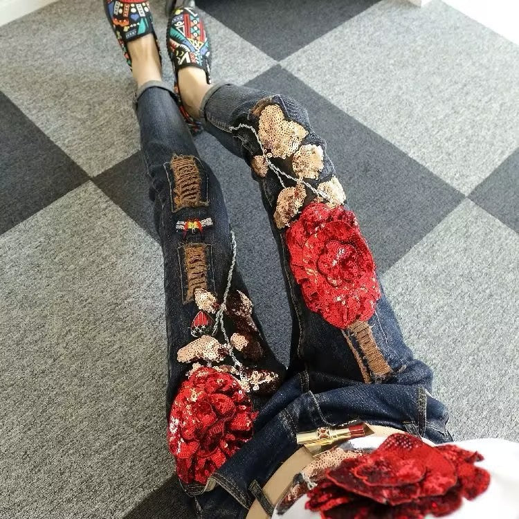 Women's 3D Flower Sequined Jeans