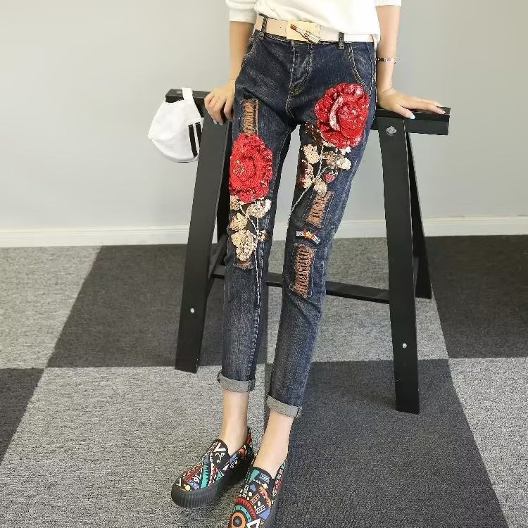 Women's 3D Flower Sequined Jeans