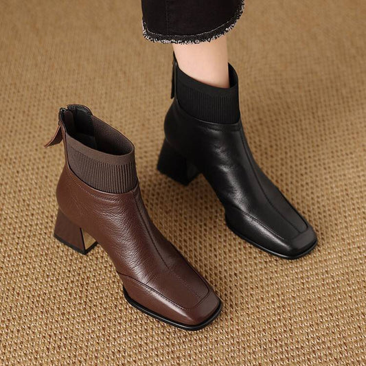Women's Knitted Soft Leather Patchwork Square Heel Boots