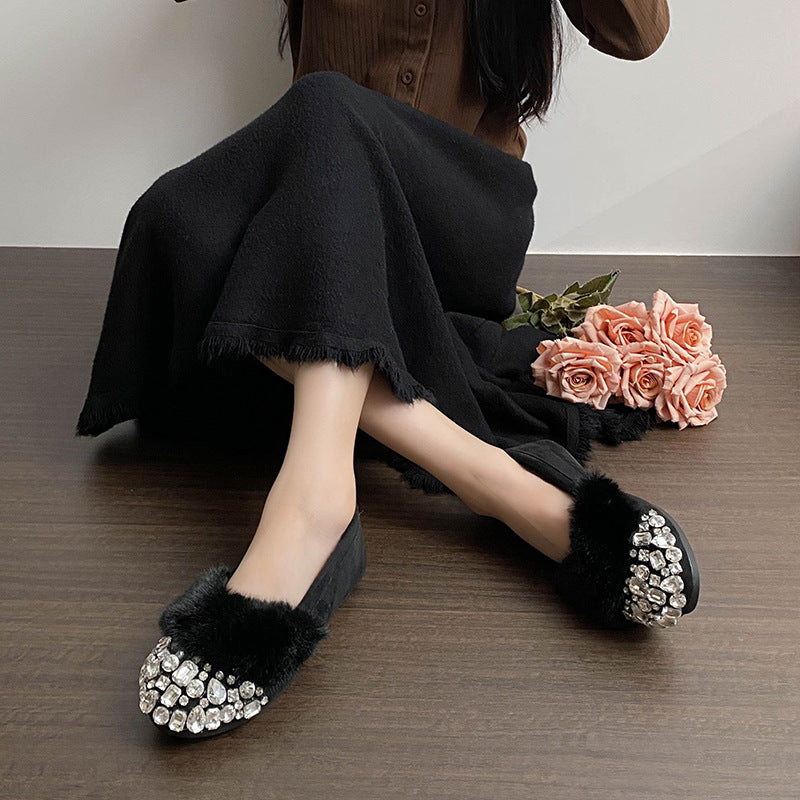 Women's Fleece-Lined Rhinestone Slip-On Shoes
