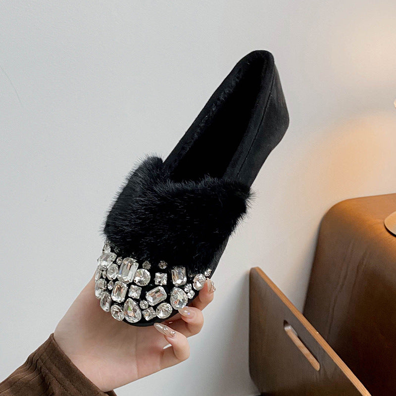 Women's Fleece-Lined Rhinestone Slip-On Shoes