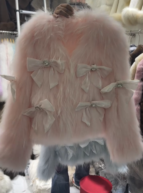 Bow-knot eco-friendly fur coat