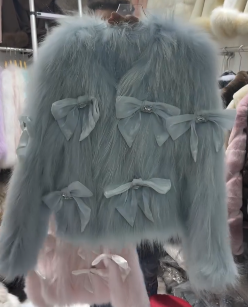Bow-knot eco-friendly fur coat