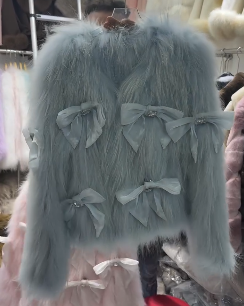 Bow-knot eco-friendly fur coat