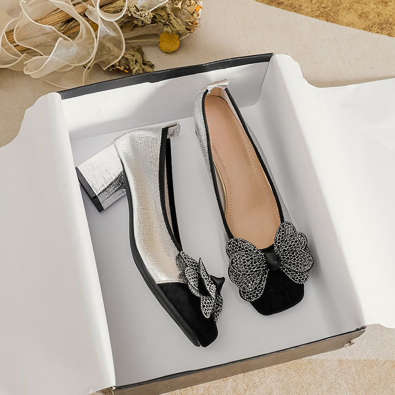 Women's square-heeled bow shoes