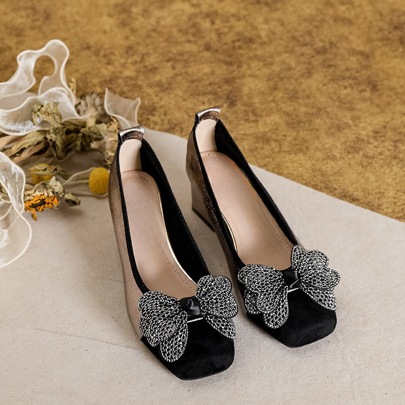 Women's square-heeled bow shoes