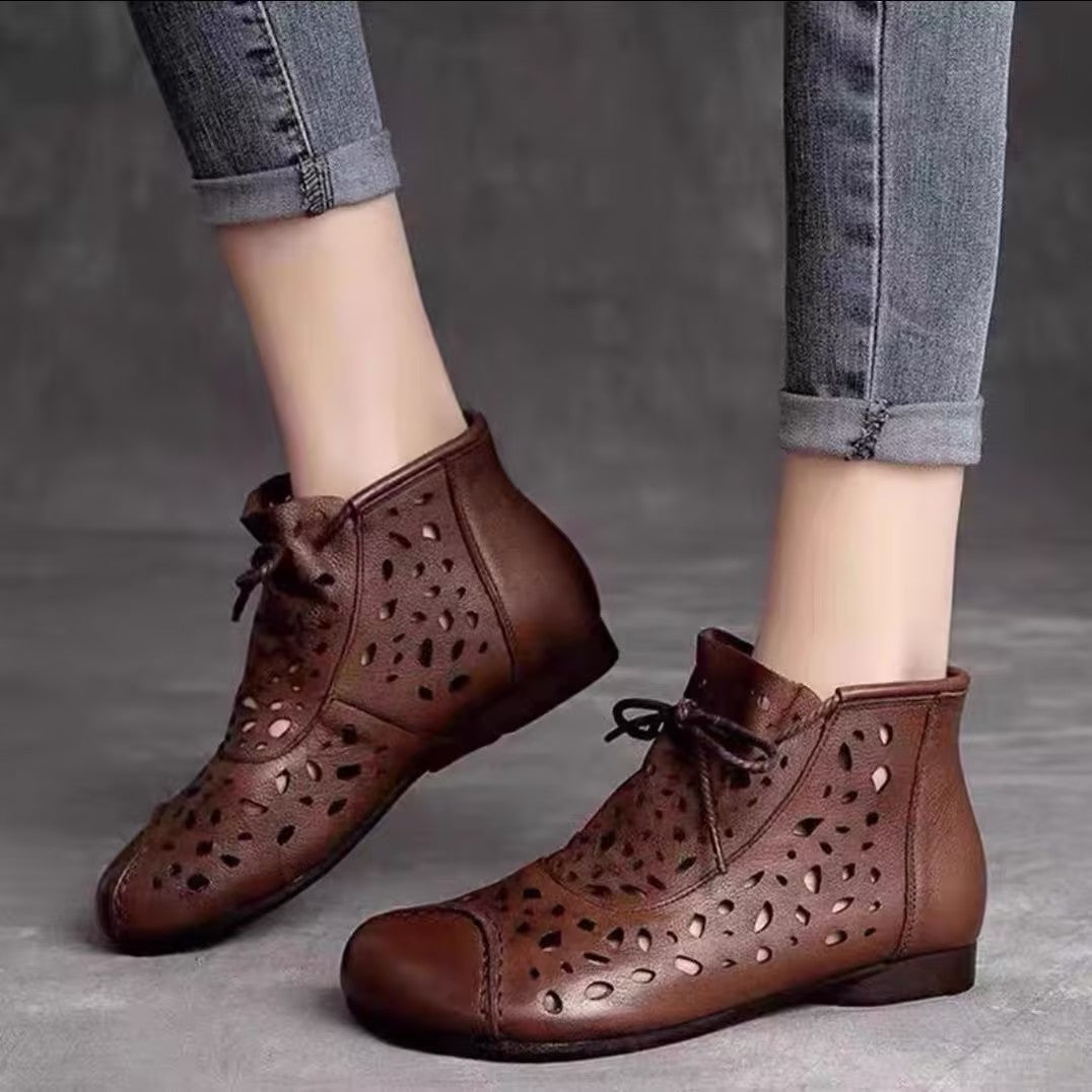 Women's soft leather openwork mesh ankle boots